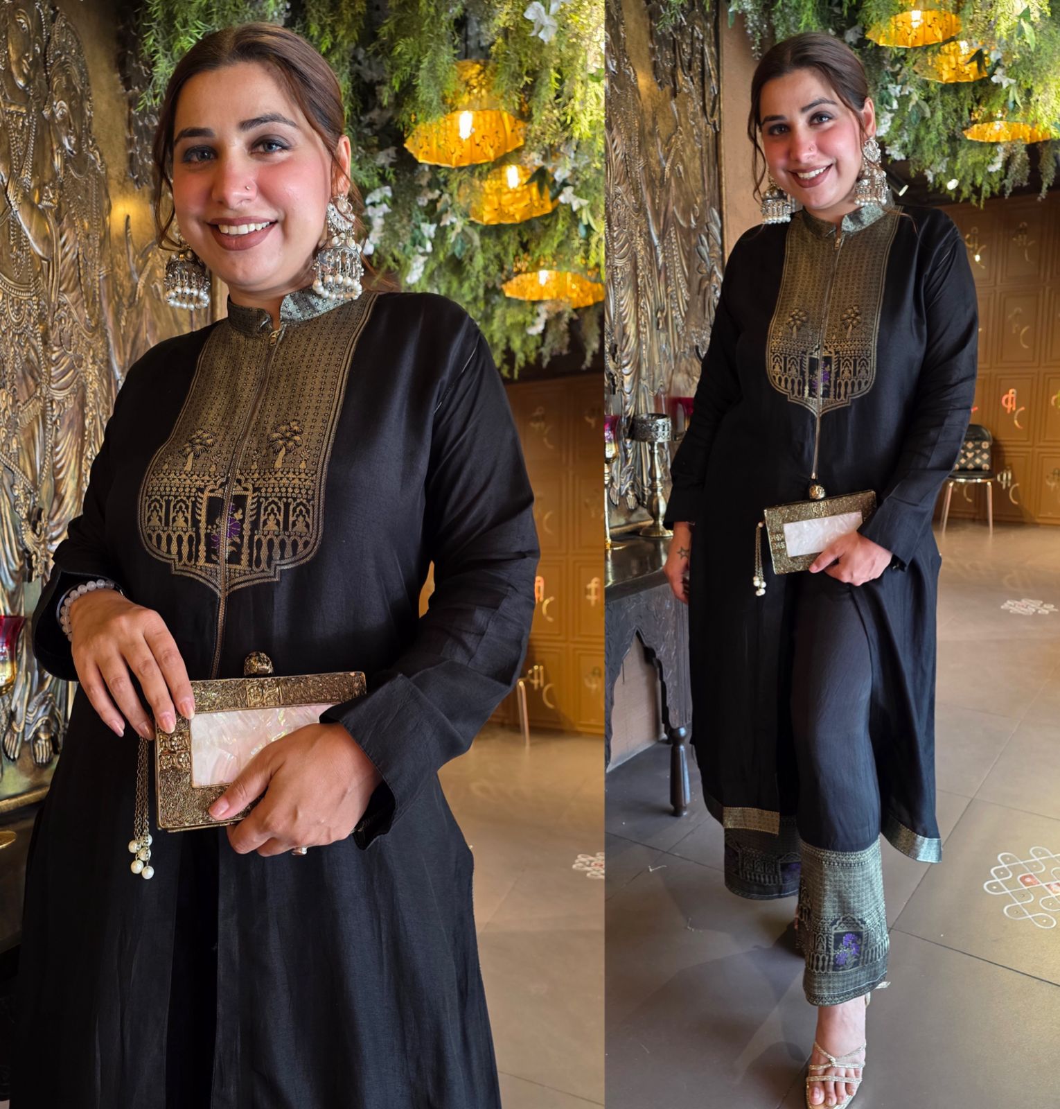 Black raw Silk Designer front cut Set