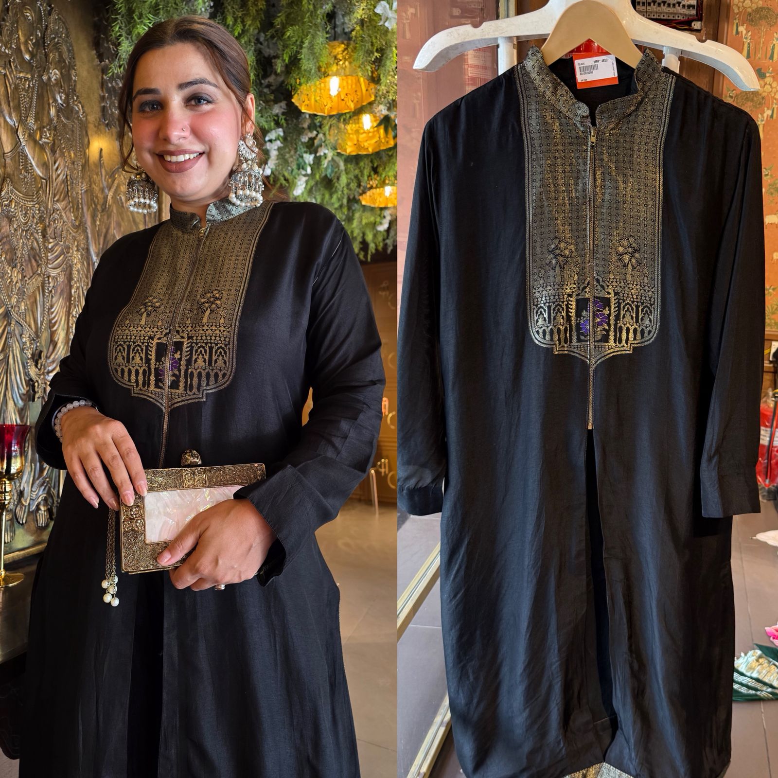 Black raw Silk Designer front cut Set
