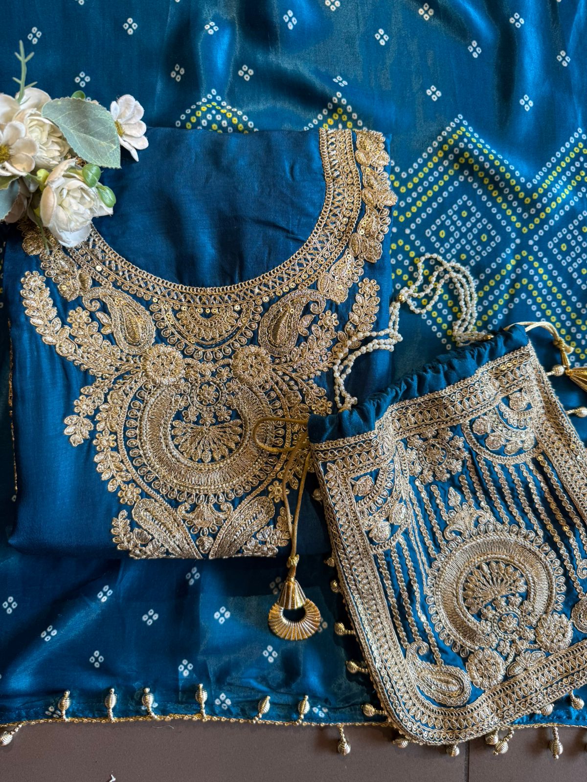Pure Silk Suit set with Bandhani dupatta