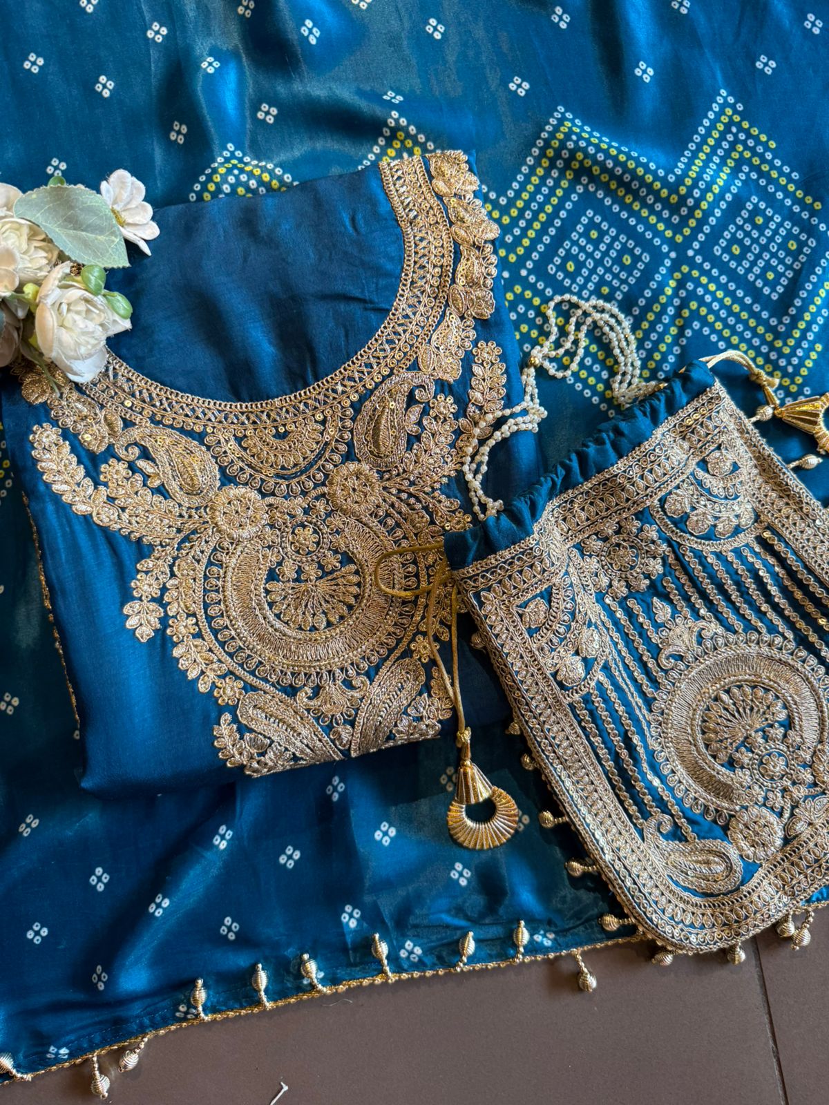 Pure Silk Suit set with Bandhani dupatta