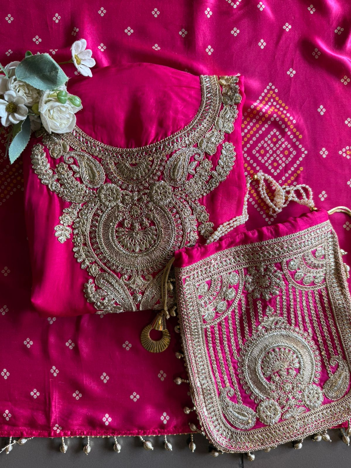 Pure Silk Suit set with Bandhani dupatta