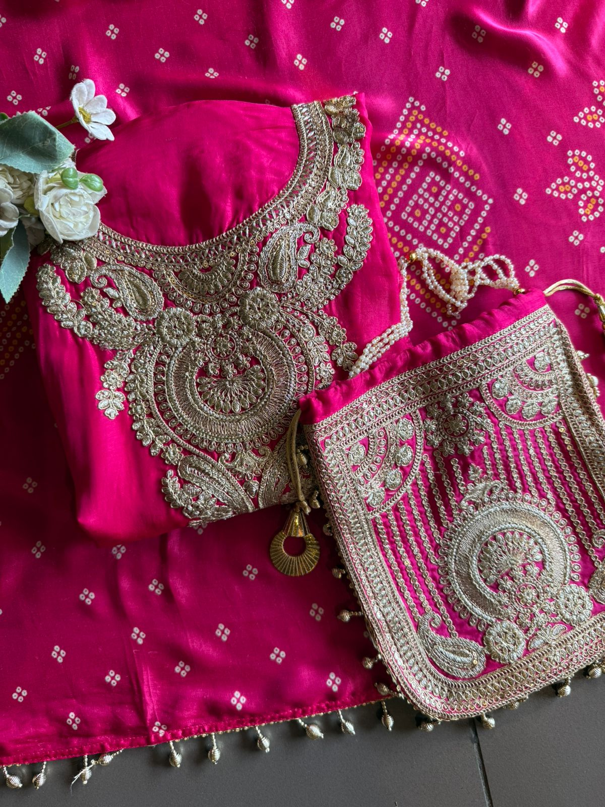 Pure Silk Suit set with Bandhani dupatta