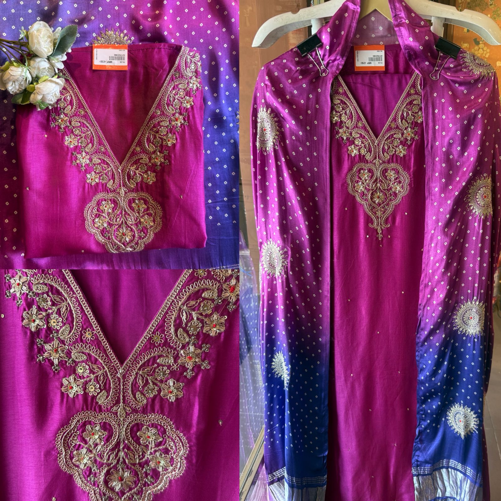 Designer Suit set On Silk with pure GAJJI silk ombré shaded dupatta