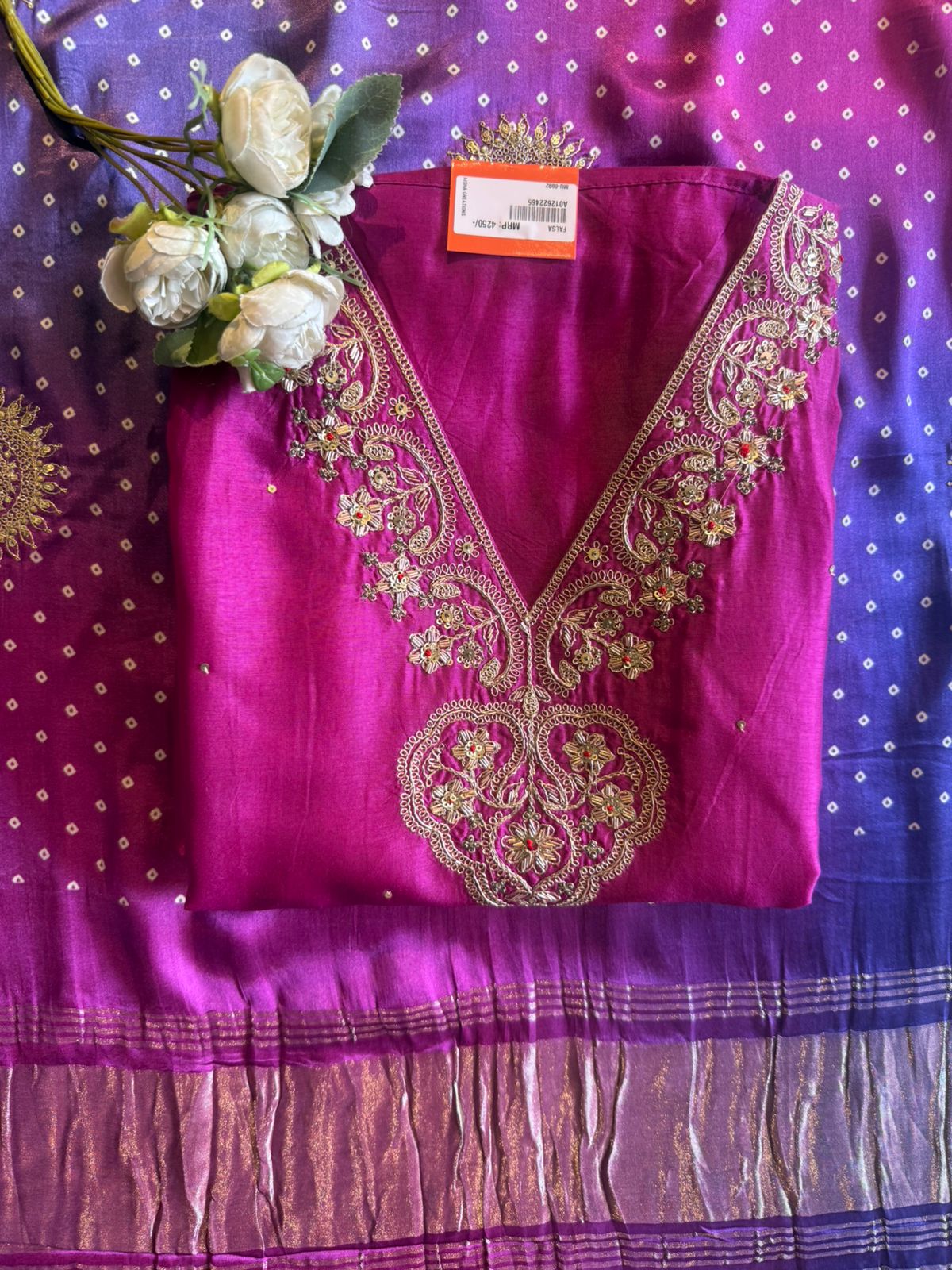 Designer Suit set On Silk with pure GAJJI silk ombré shaded dupatta