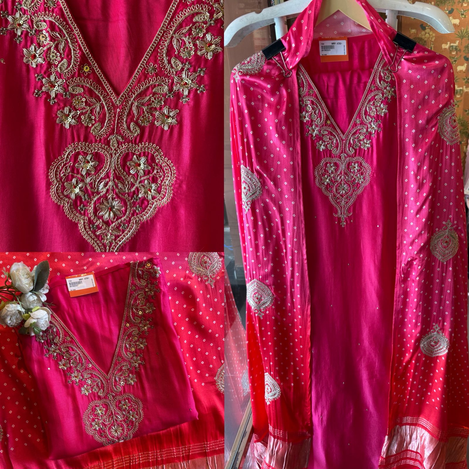 Designer Suit set On Silk with pure GAJJI silk ombré shaded dupatta
