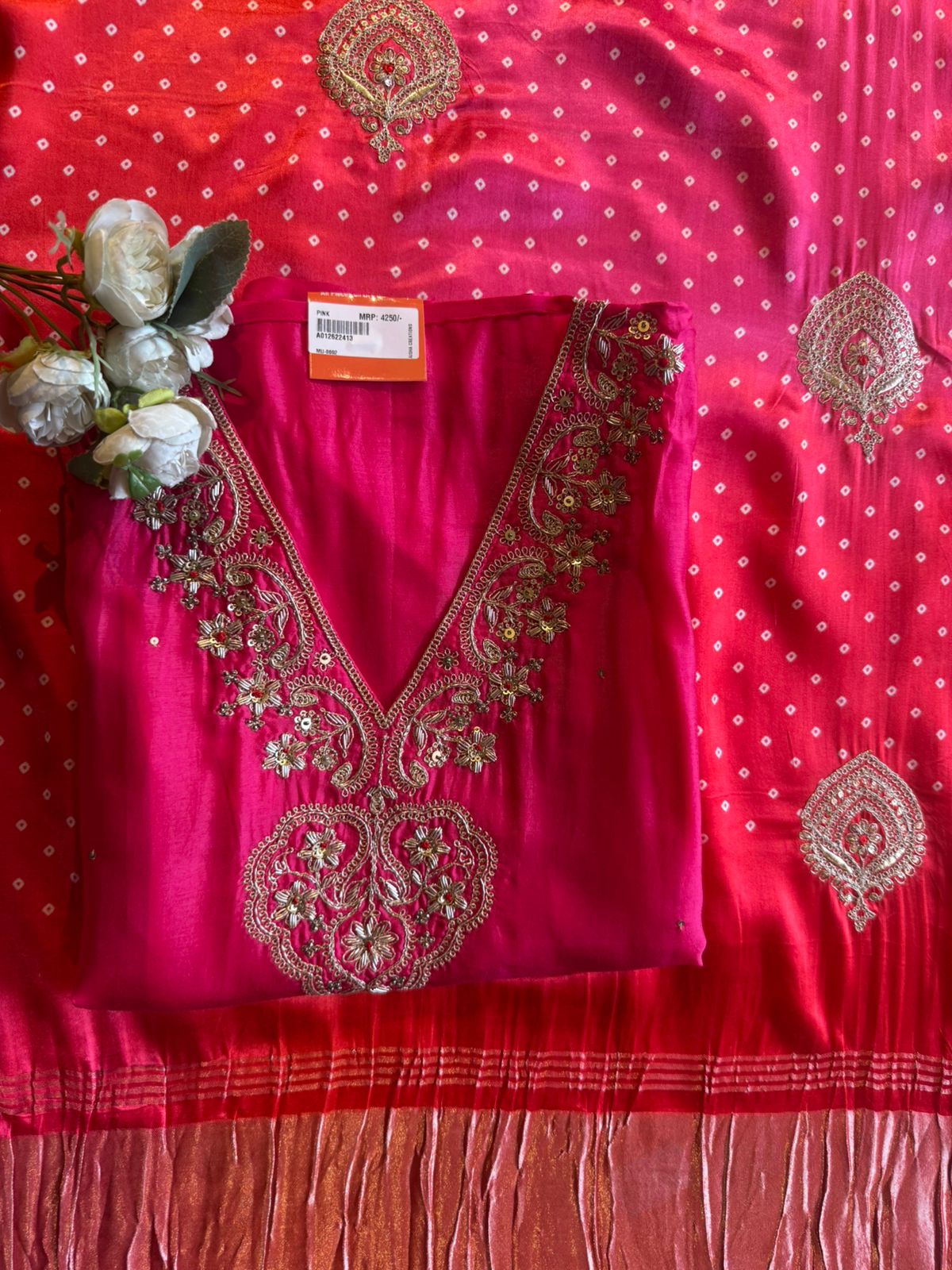 Designer Suit set On Silk with pure GAJJI silk ombré shaded dupatta