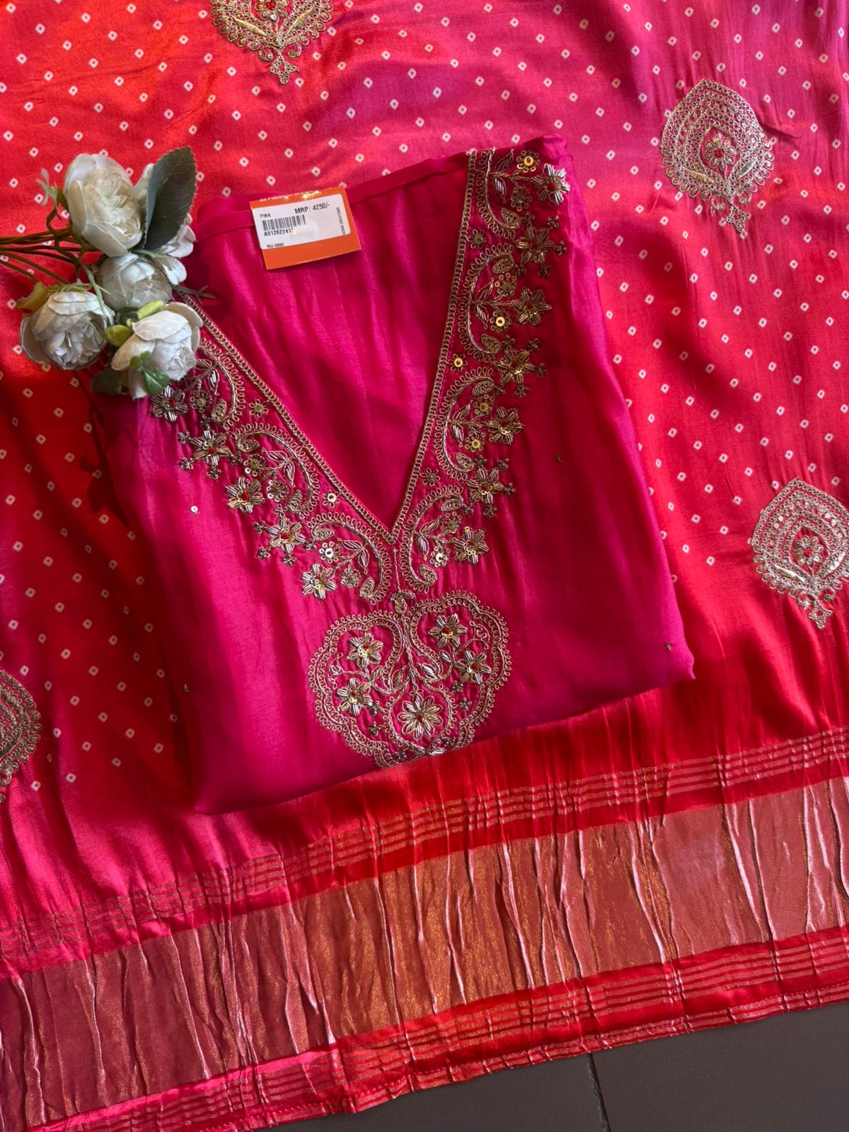 Designer Suit set On Silk with pure GAJJI silk ombré shaded dupatta