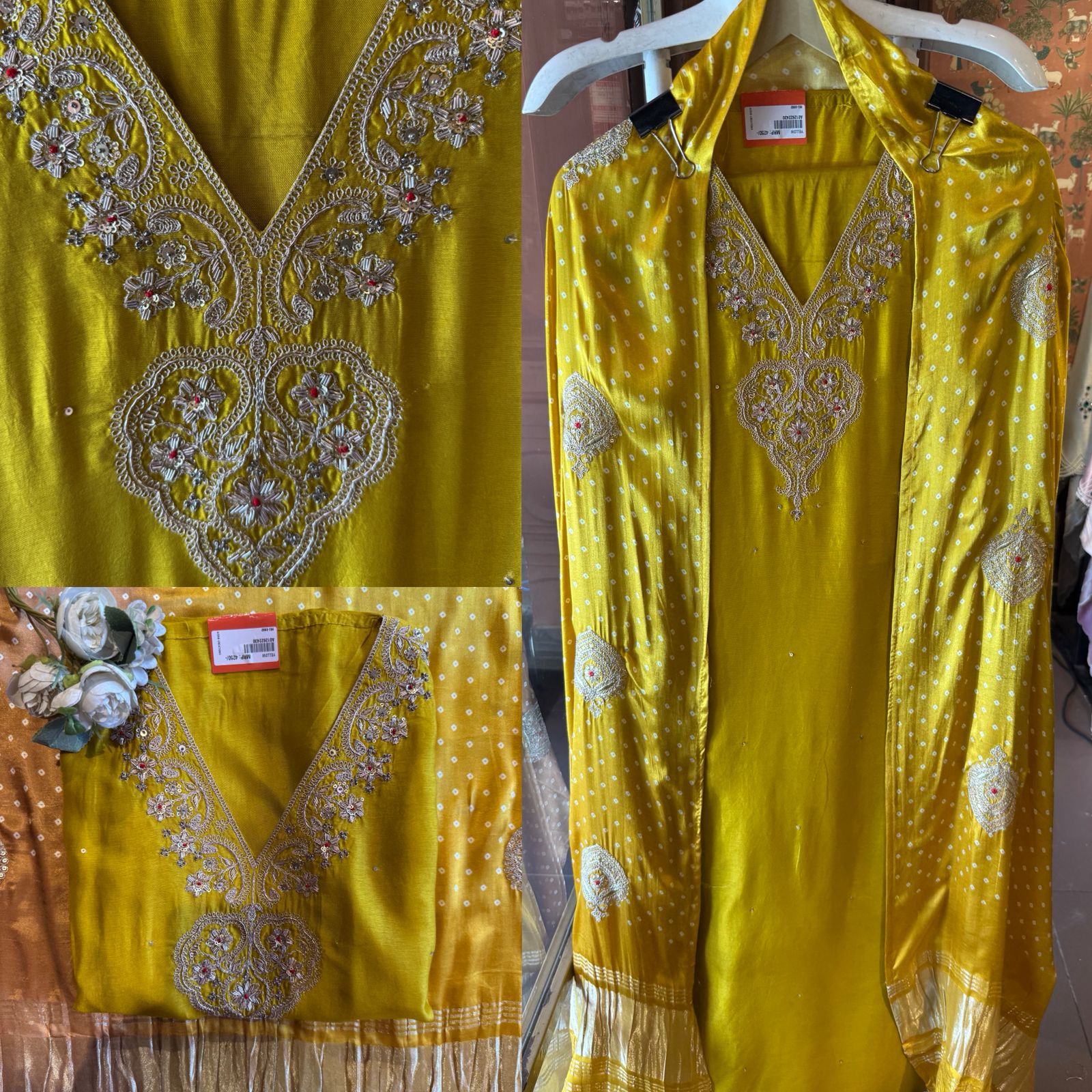 Designer Suit set On Silk with pure GAJJI silk ombré shaded dupatta