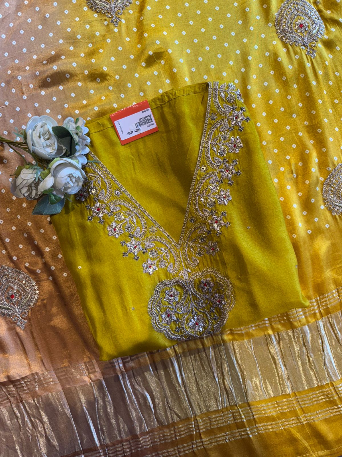 Designer Suit set On Silk with pure GAJJI silk ombré shaded dupatta