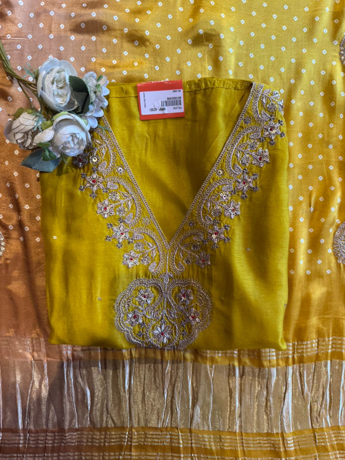 Designer Suit set On Silk with pure GAJJI silk ombré shaded dupatta
