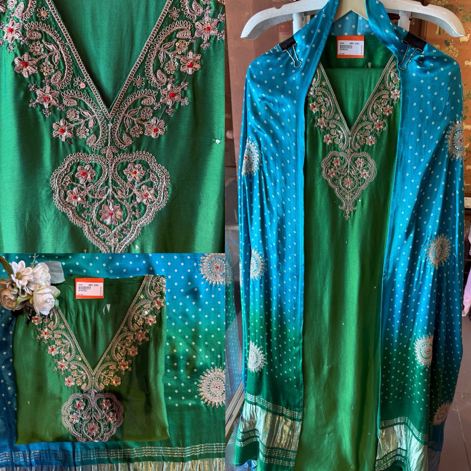Designer Suit set On Silk with pure GAJJI silk ombré shaded dupatta