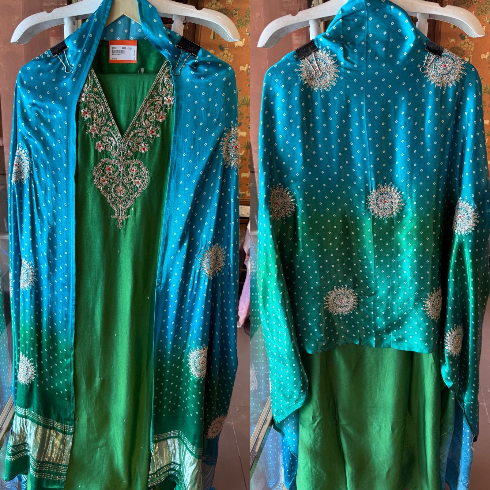 Designer Suit set On Silk with pure GAJJI silk ombré shaded dupatta
