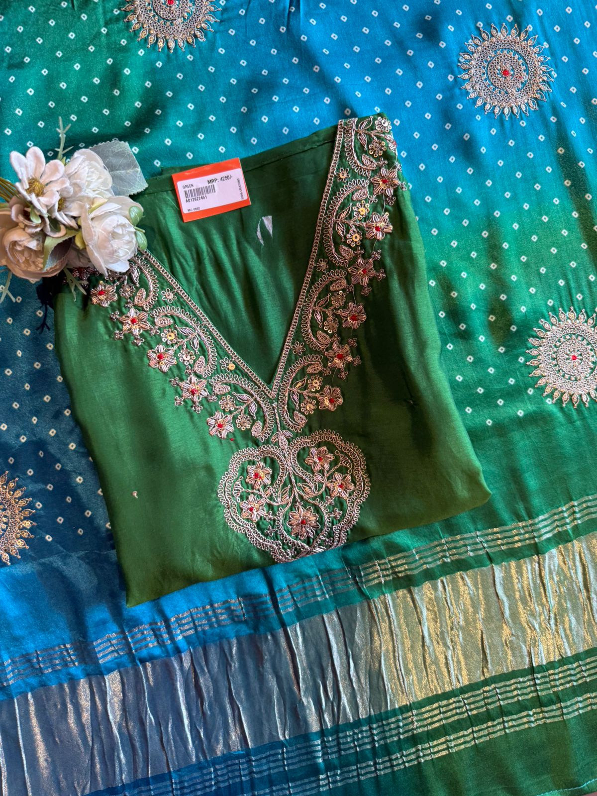Designer Suit set On Silk with pure GAJJI silk ombré shaded dupatta