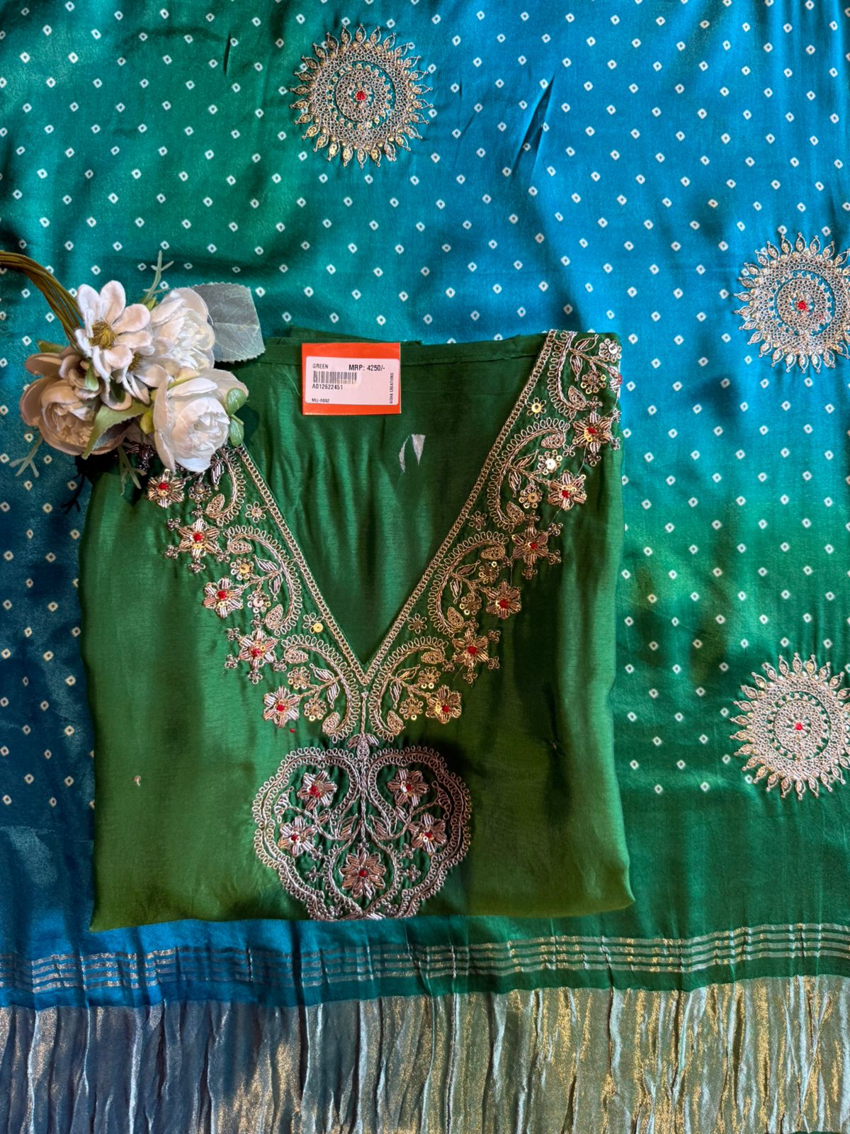Designer Suit set On Silk with pure GAJJI silk ombré shaded dupatta