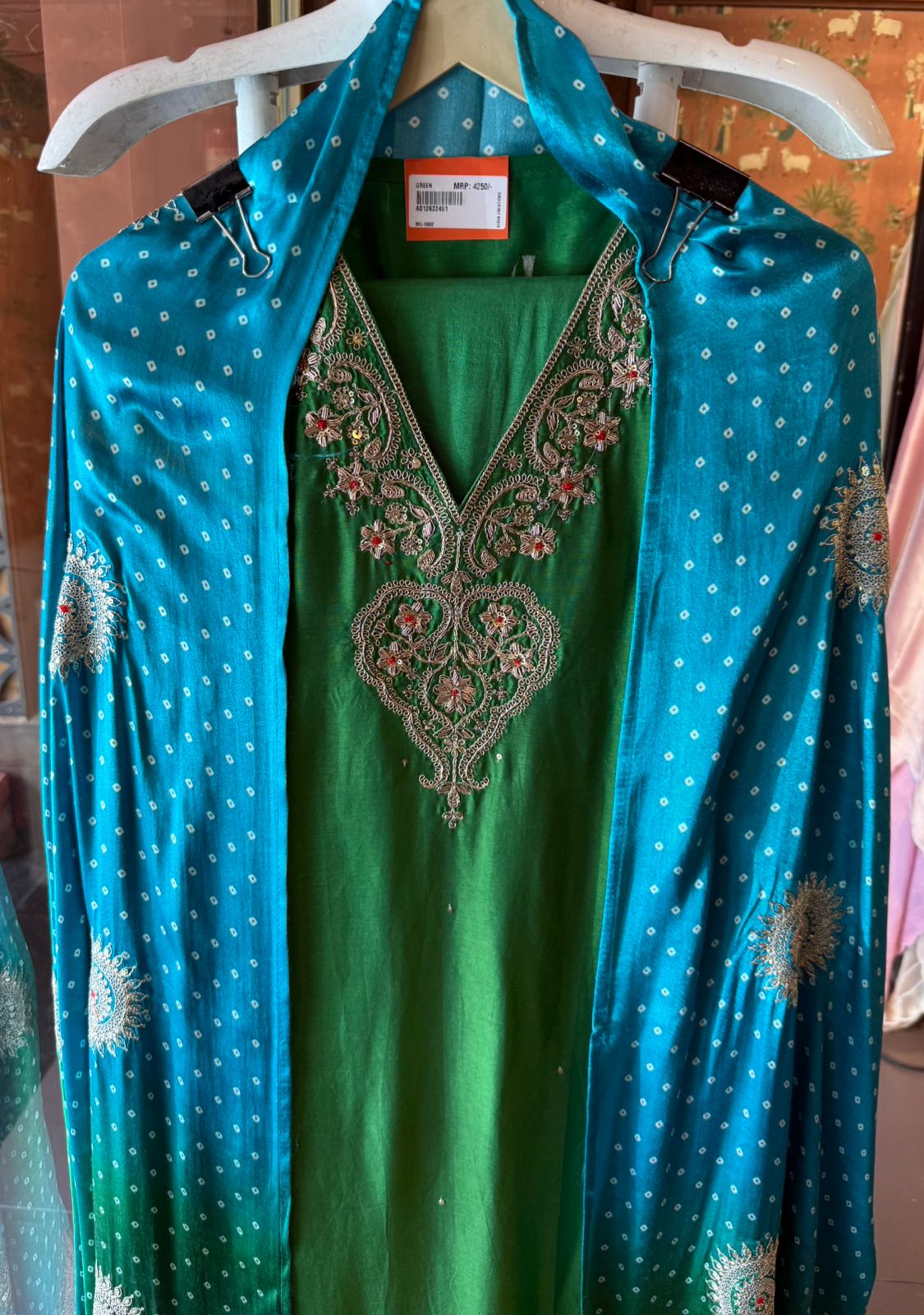 Designer Suit set On Silk with pure GAJJI silk ombré shaded dupatta