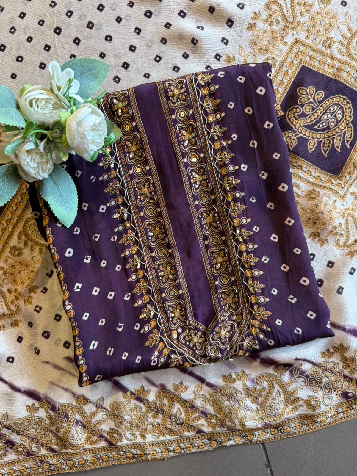 Plum & Ivory Bandhani Printed Suit Set