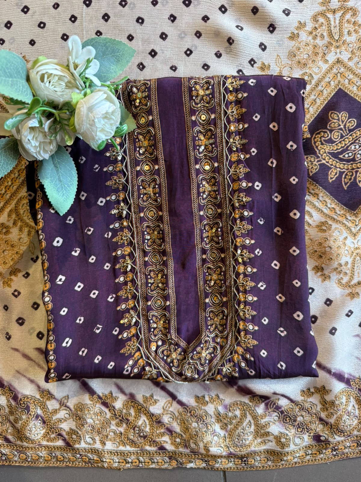 Plum & Ivory Bandhani Printed Suit Set