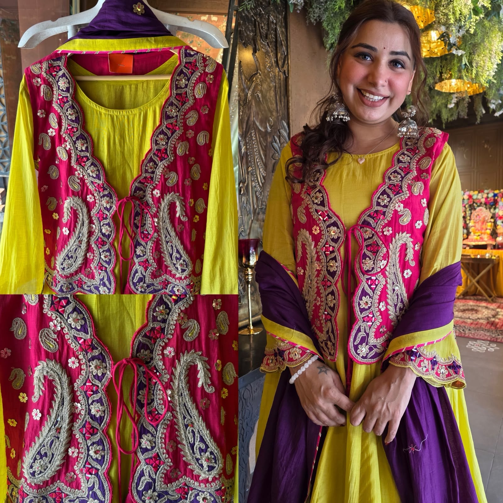 Lime Green & Fuchsia Kashmiri-Inspired 3 Piece Set On Mul