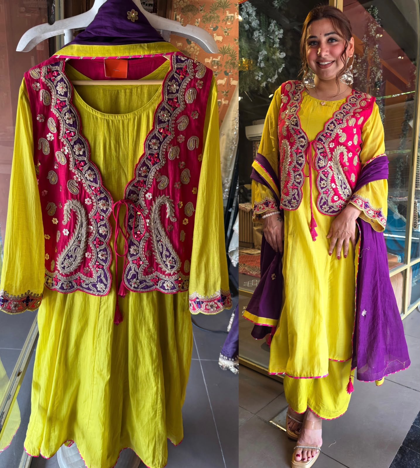 Lime Green & Fuchsia Kashmiri-Inspired 3 Piece Set On Mul