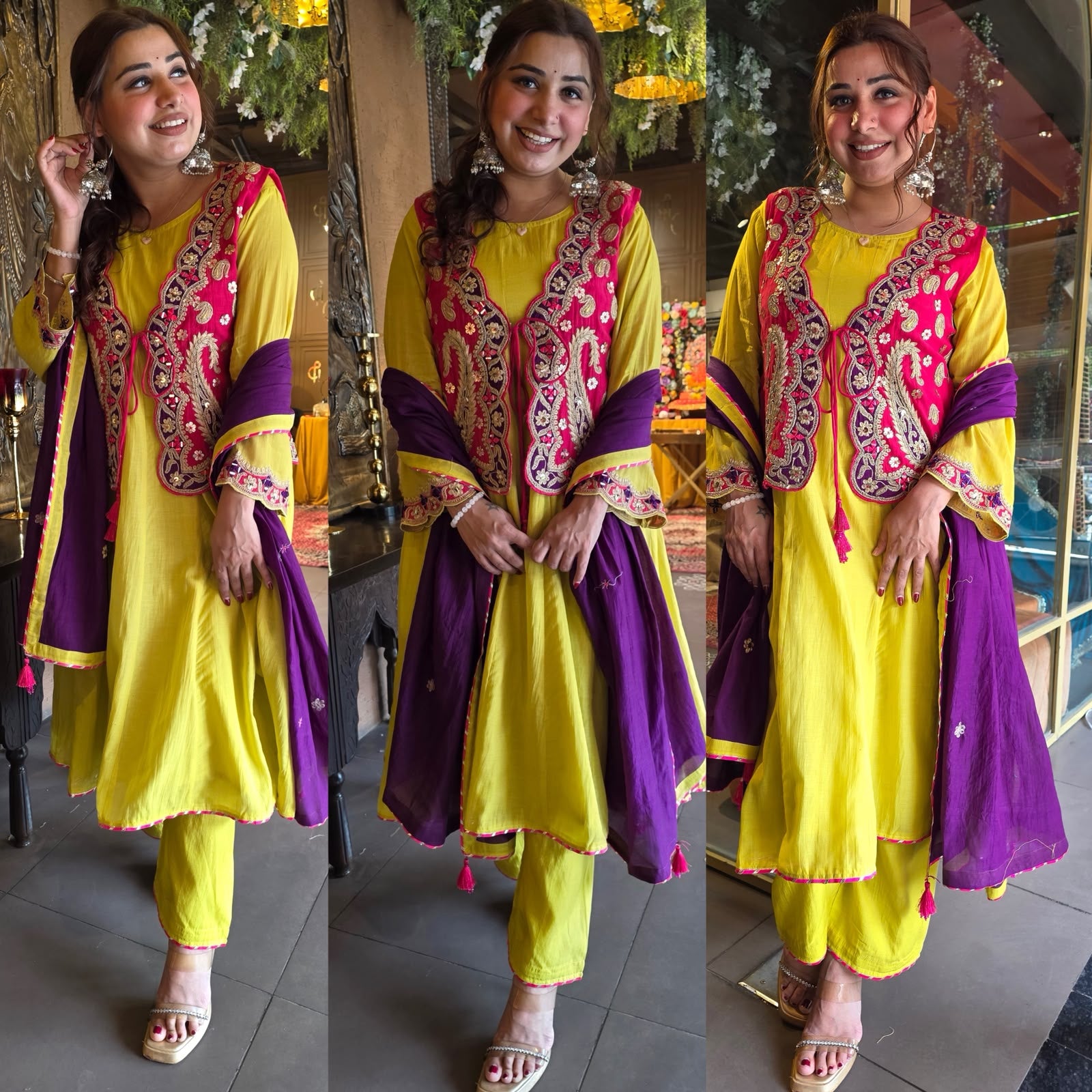Lime Green & Fuchsia Kashmiri-Inspired 3 Piece Set On Mul