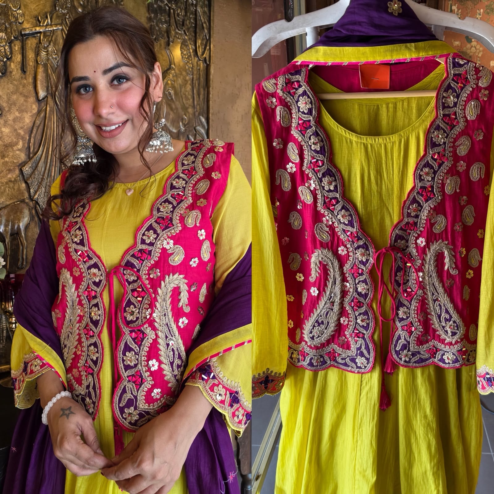 Lime Green & Fuchsia Kashmiri-Inspired 3 Piece Set On Mul