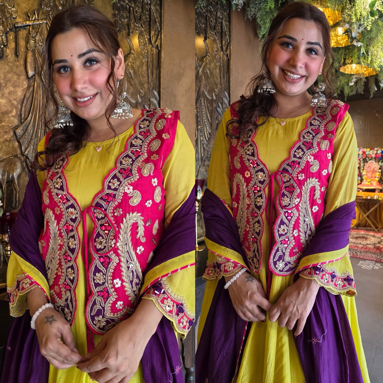 Lime Green & Fuchsia Kashmiri-Inspired 3 Piece Set On Mul