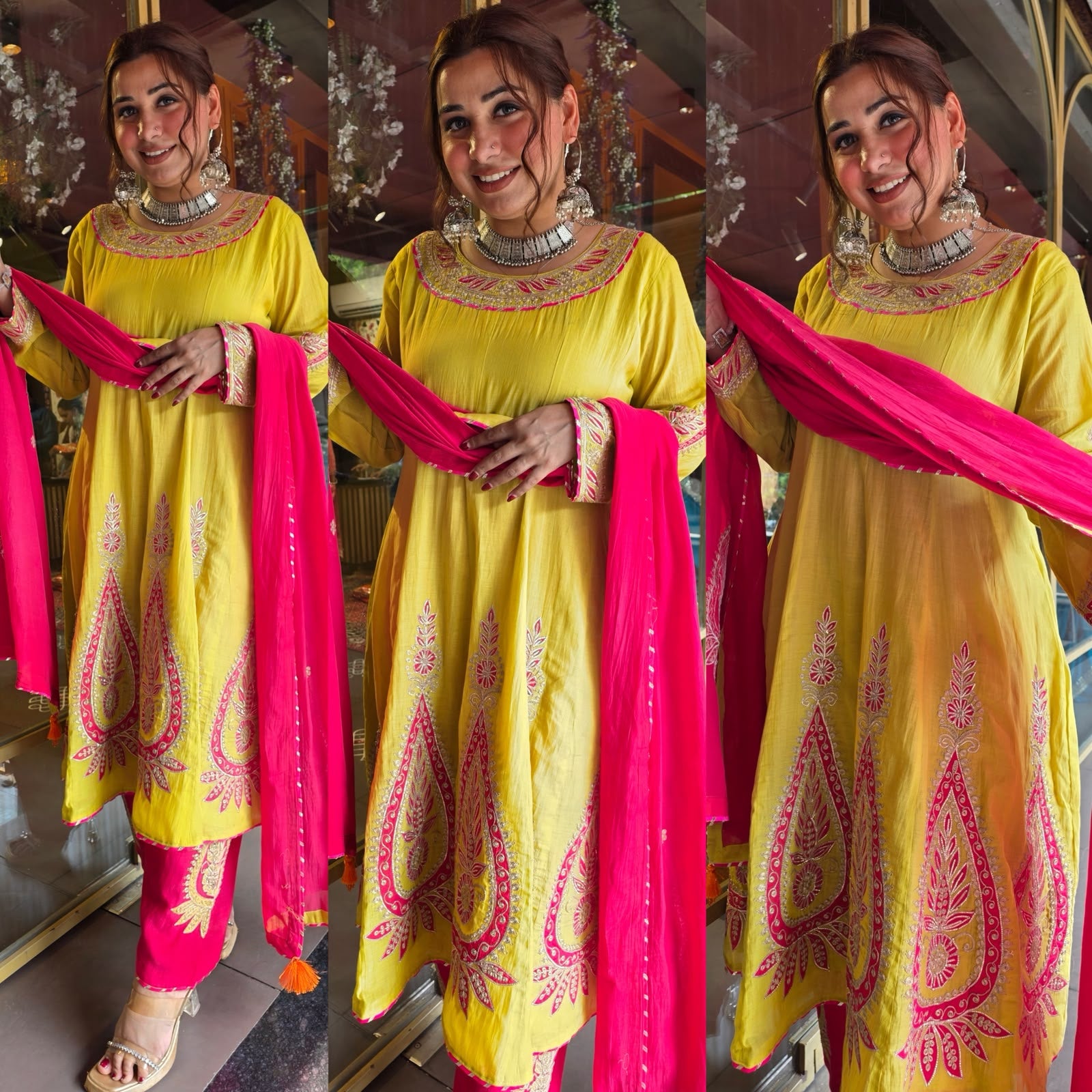 Lime Green Mul Embroidered Suit Set with Pink Dupatta