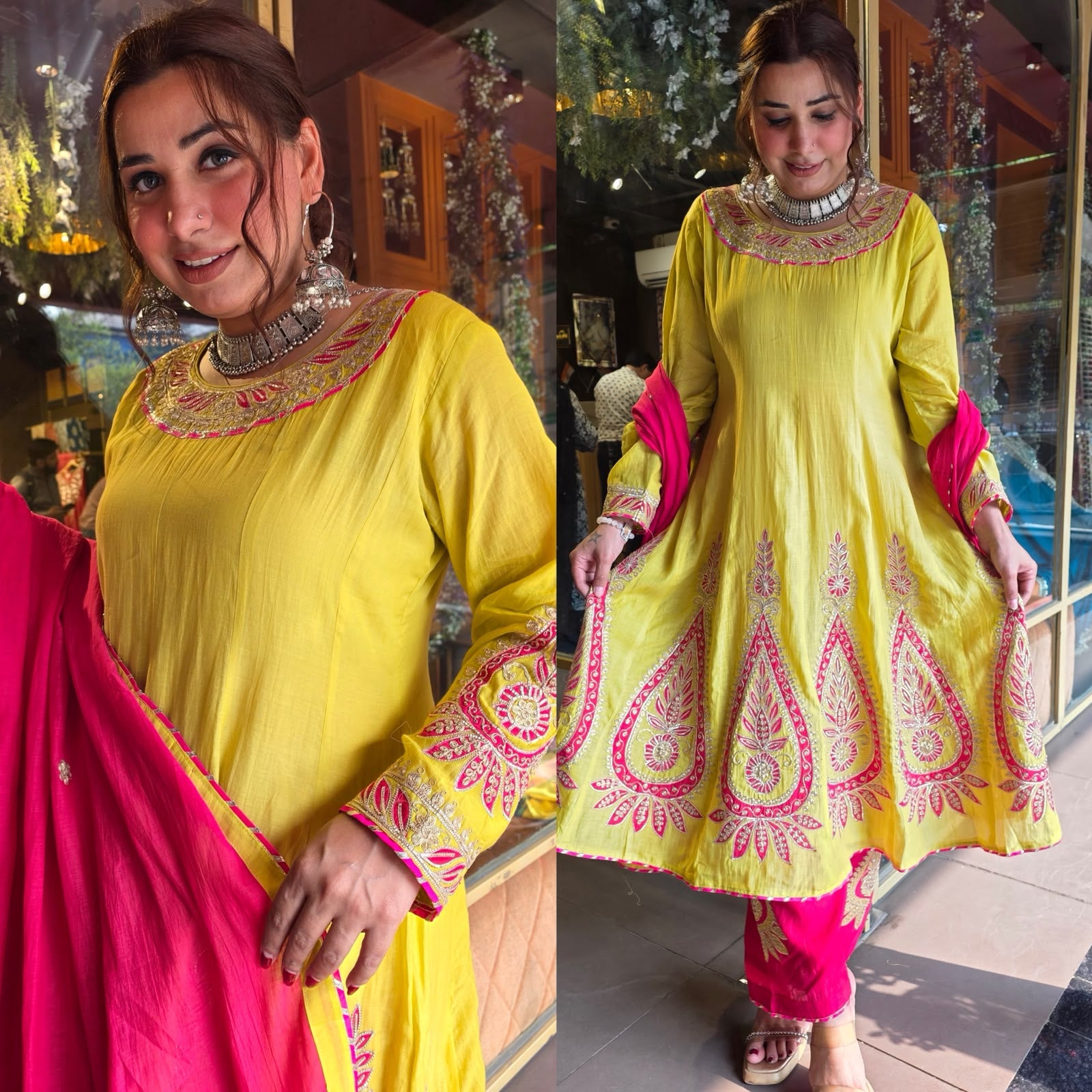 Lime Green Mul Embroidered Suit Set with Pink Dupatta