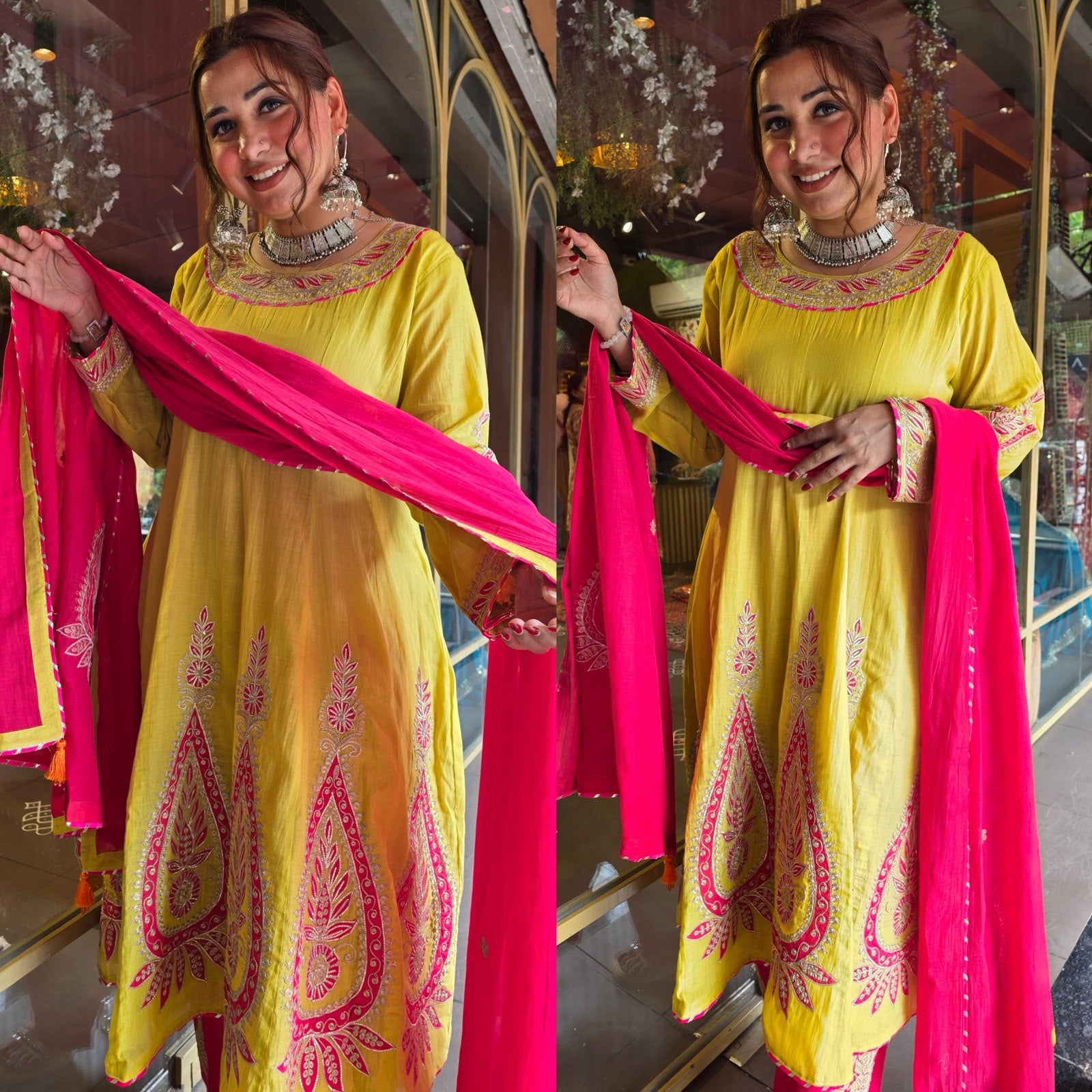 Lime Green Mul Embroidered Suit Set with Pink Dupatta