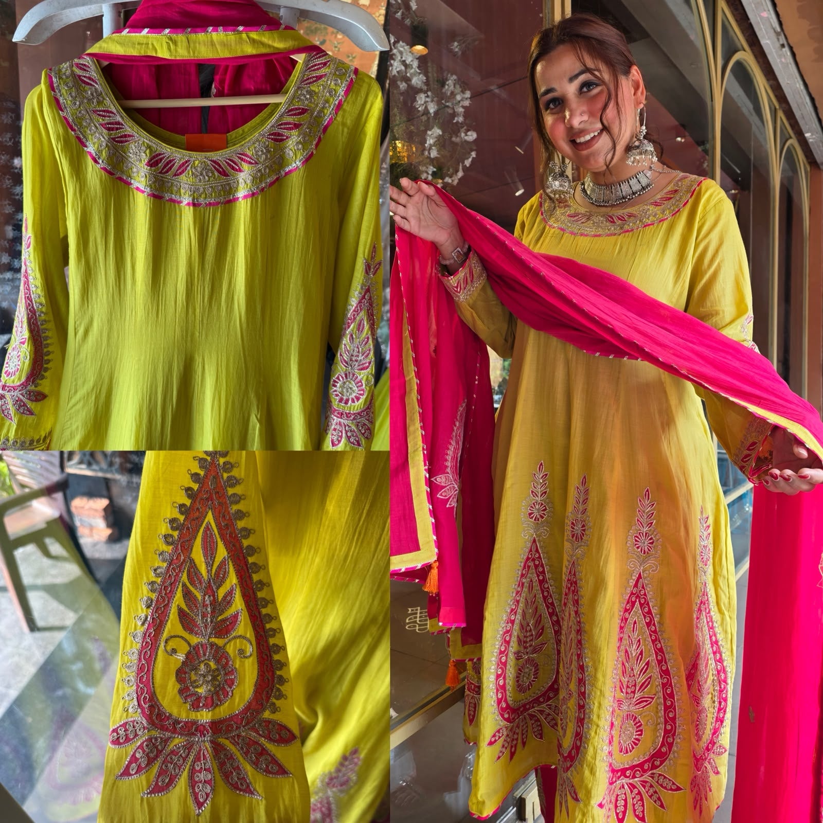 Lime Green Mul Embroidered Suit Set with Pink Dupatta
