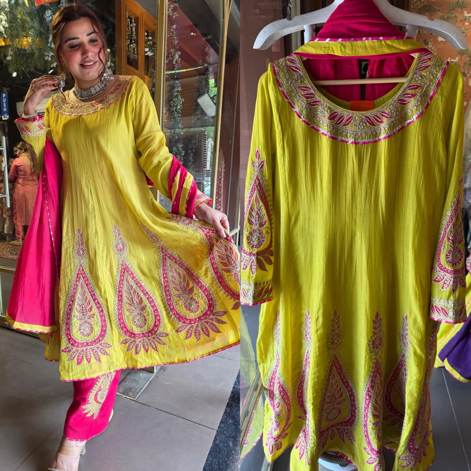 Lime Green Mul Embroidered Suit Set with Pink Dupatta