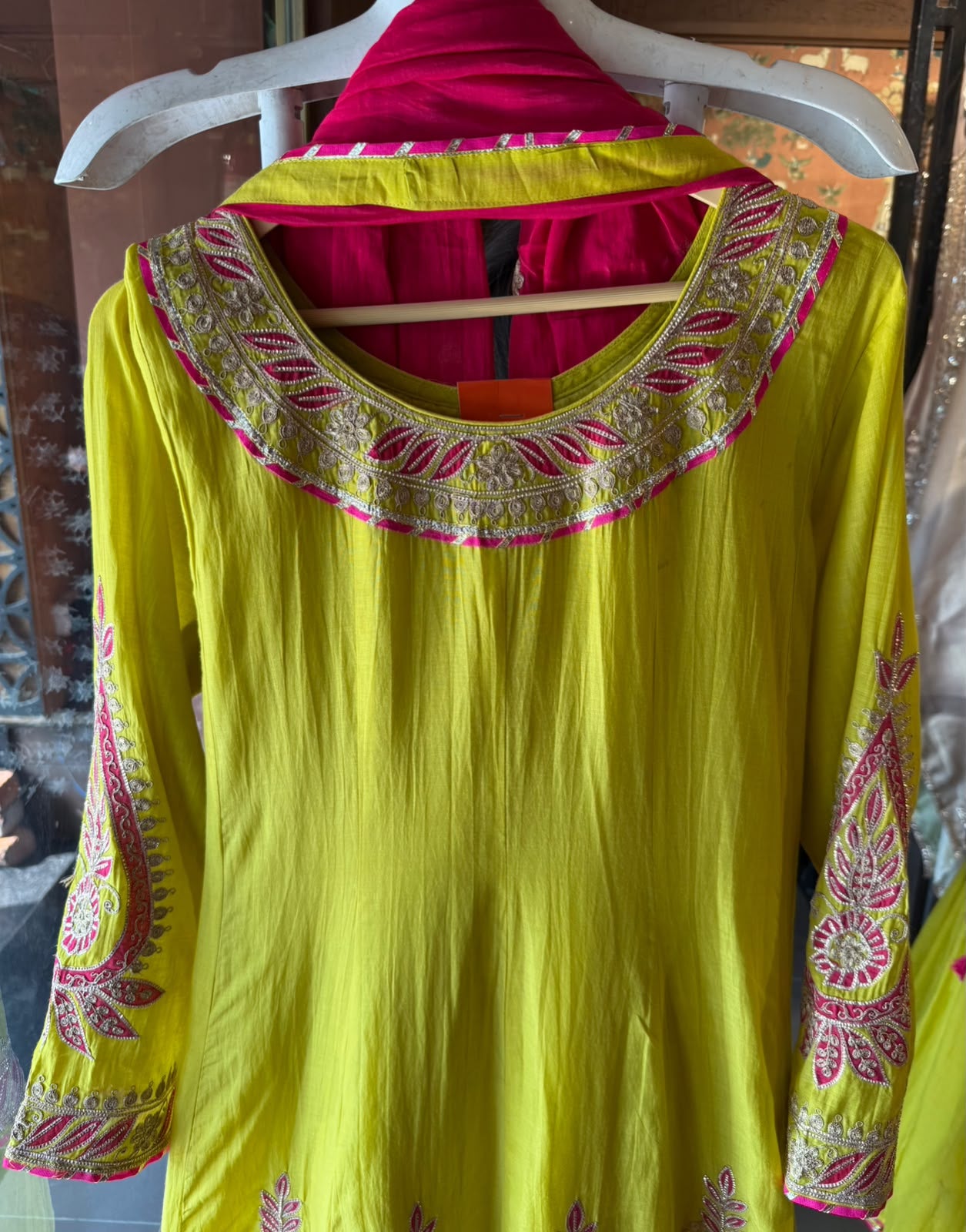 Lime Green Mul Embroidered Suit Set with Pink Dupatta