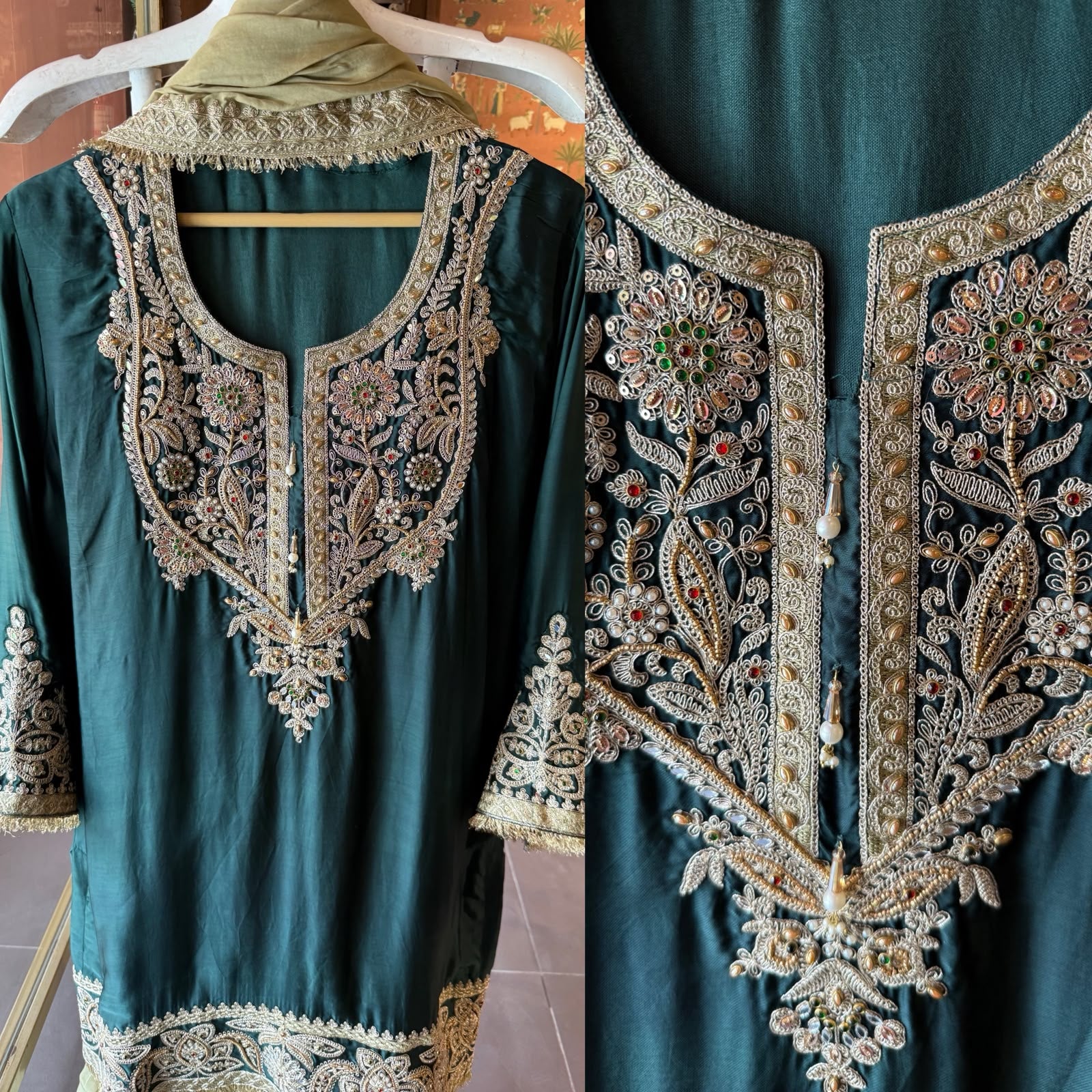 Handcrafted Designer Suit Set With contrast bottoms and Farshi salwar