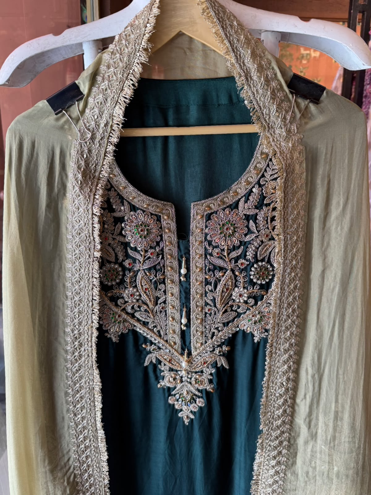 Handcrafted Designer Suit Set With contrast bottoms and Farshi salwar