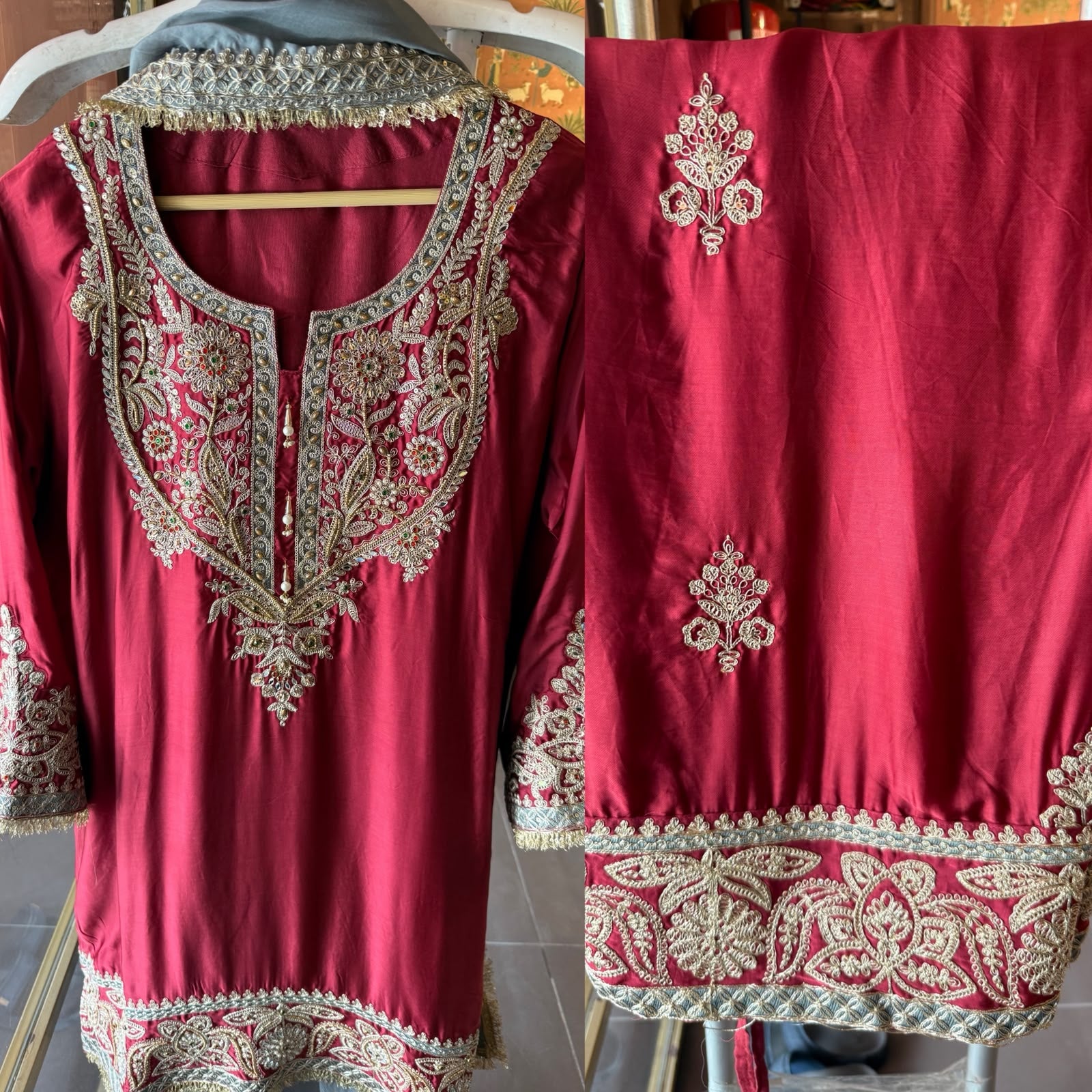 Handcrafted Designer Suit Set With contrast bottoms and Farshi salwar