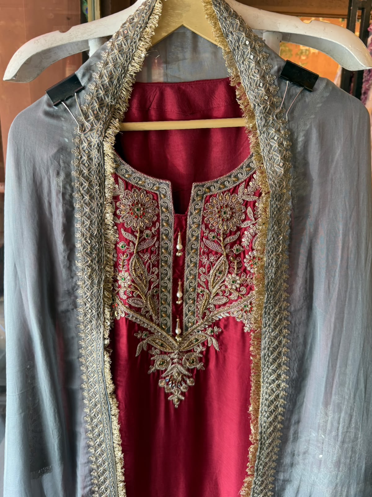 Handcrafted Designer Suit Set With contrast bottoms and Farshi salwar