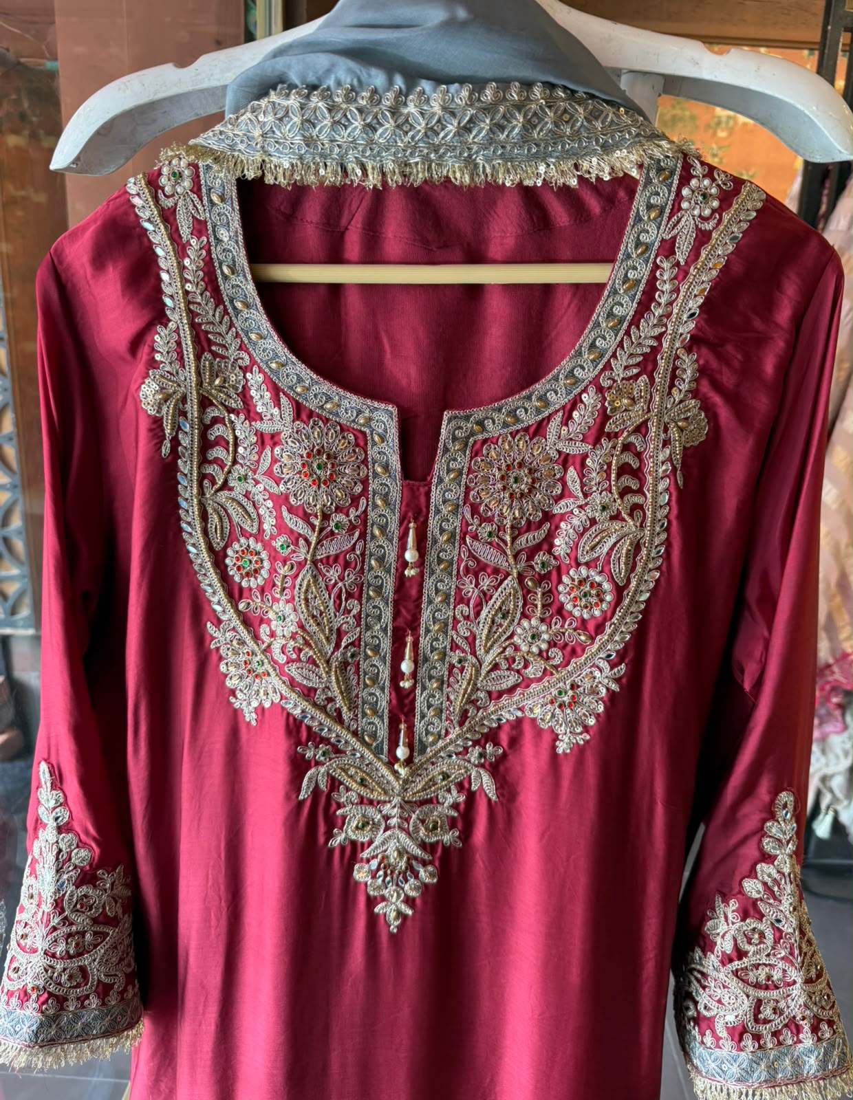 Handcrafted Designer Suit Set With contrast bottoms and Farshi salwar