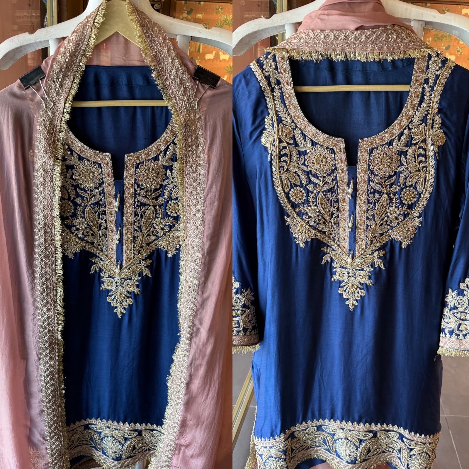 Handcrafted Designer Suit Set With contrast bottoms and Farshi salwar