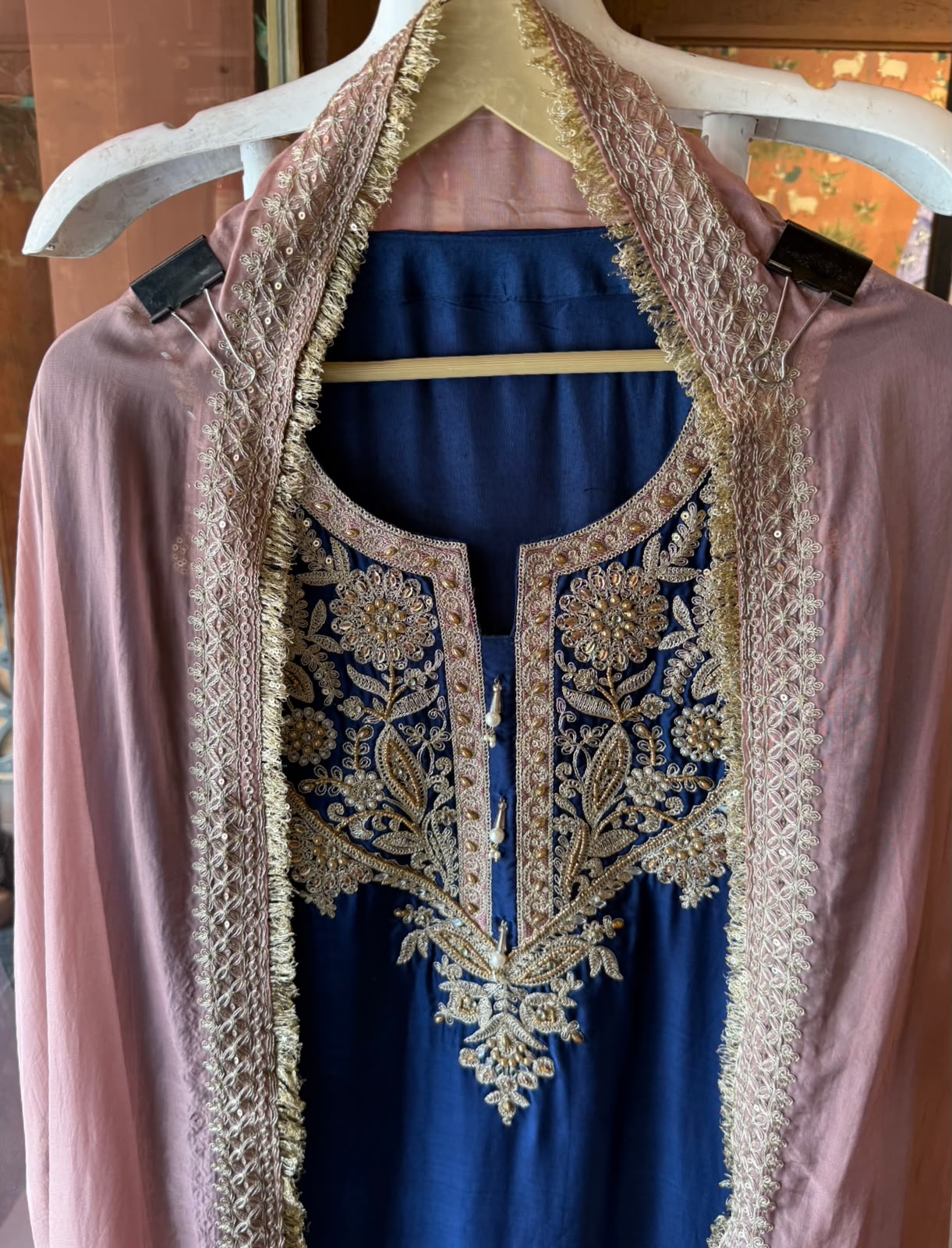 Handcrafted Designer Suit Set With contrast bottoms and Farshi salwar