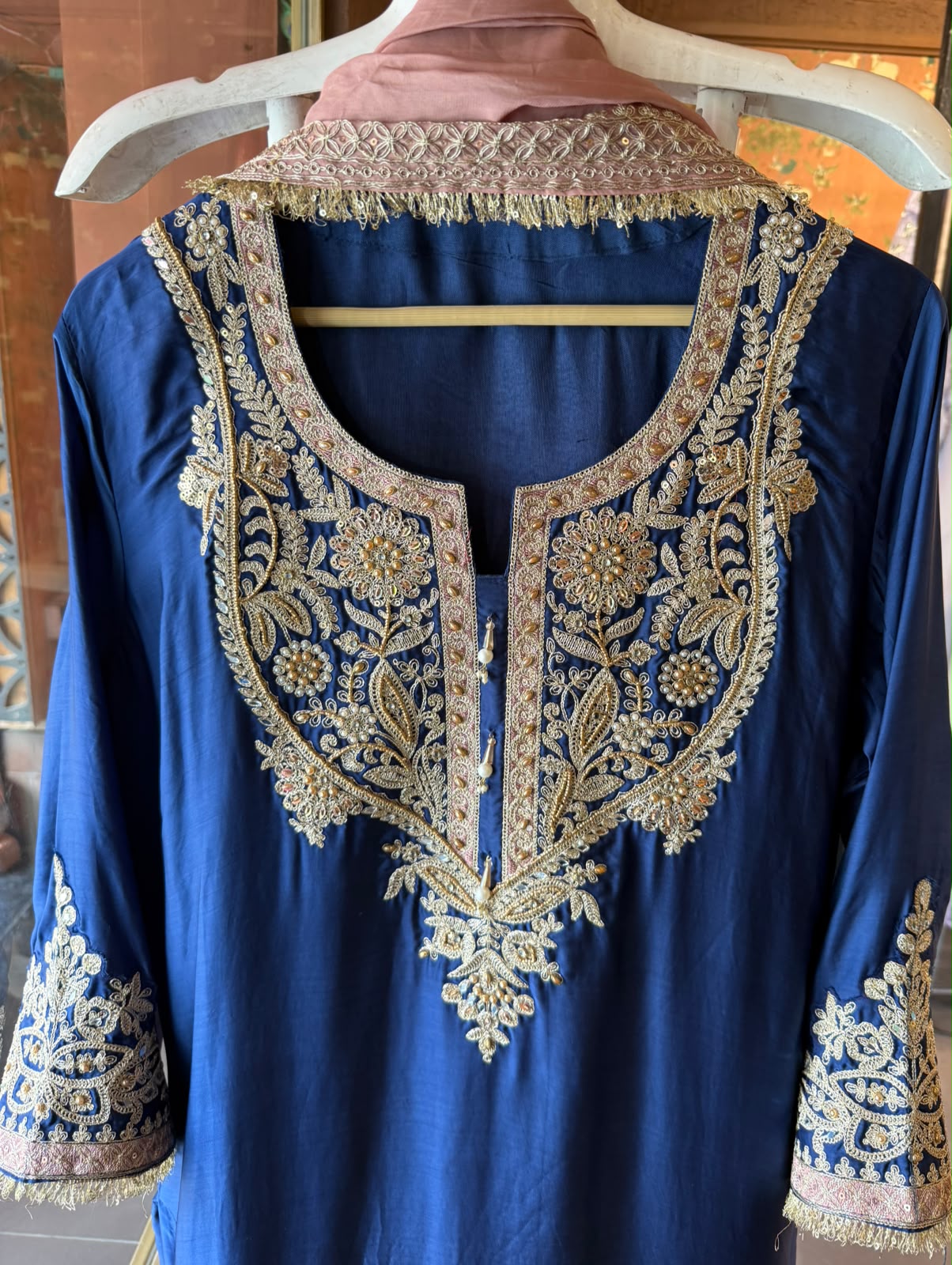 Handcrafted Designer Suit Set With contrast bottoms and Farshi salwar