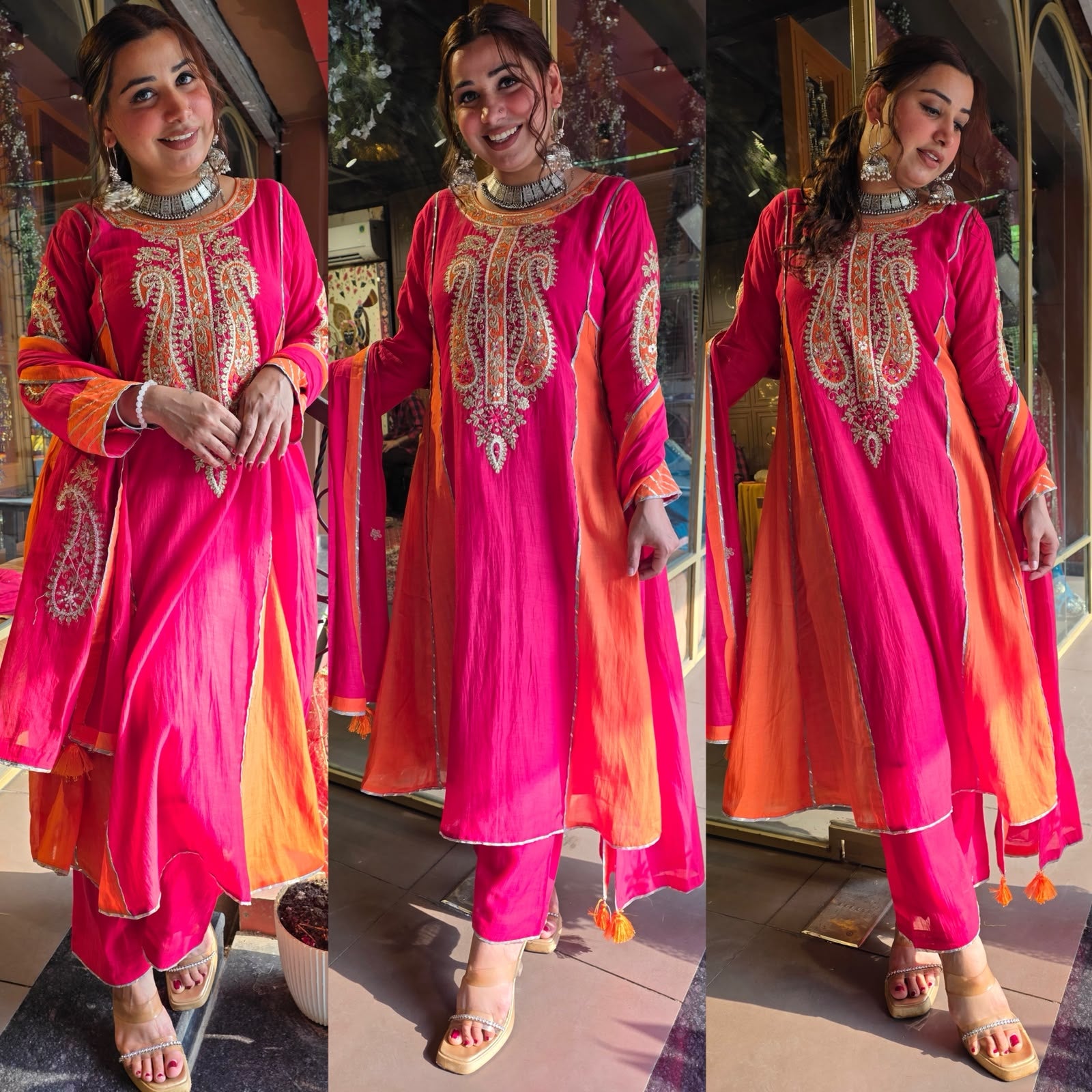 Fuchsia Pink & Orange Embroidered Mul Anarkali Set