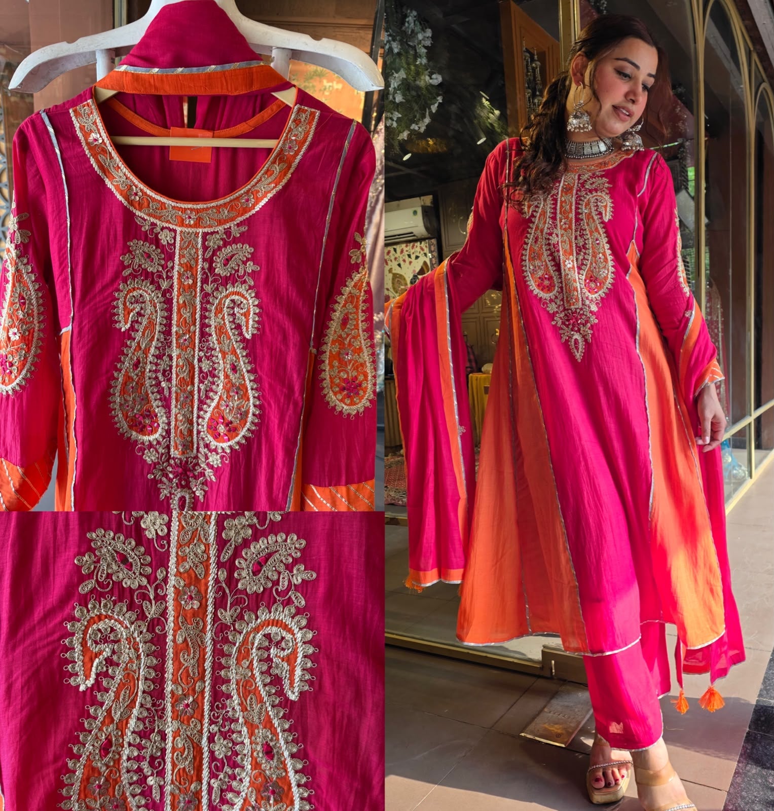 Fuchsia Pink & Orange Embroidered Mul Anarkali Set