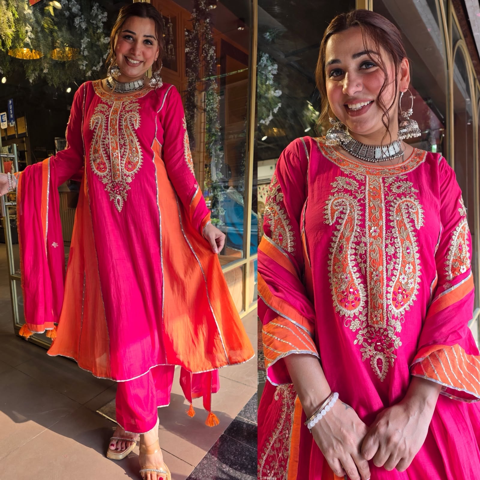 Fuchsia Pink & Orange Embroidered Mul Anarkali Set