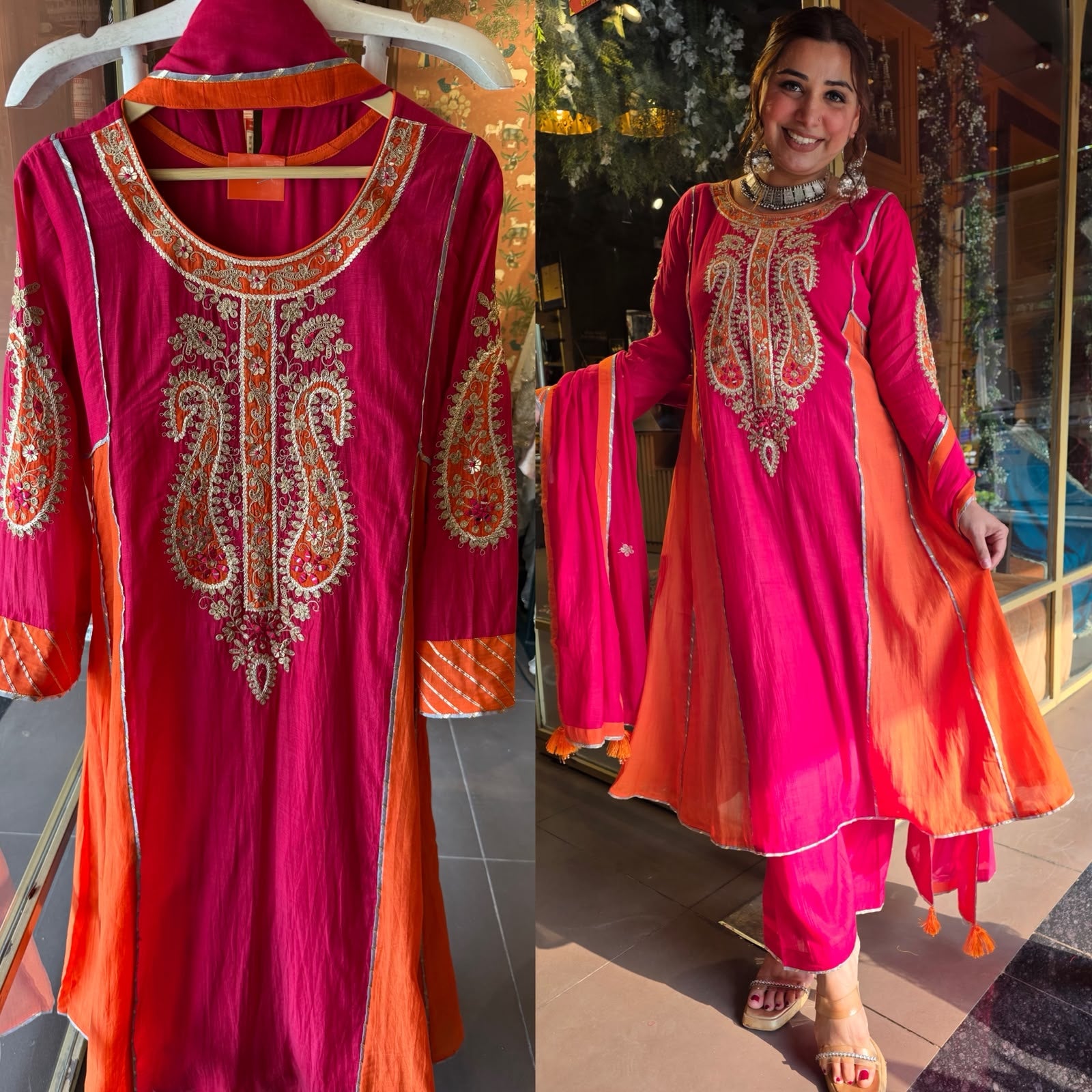Fuchsia Pink & Orange Embroidered Mul Anarkali Set