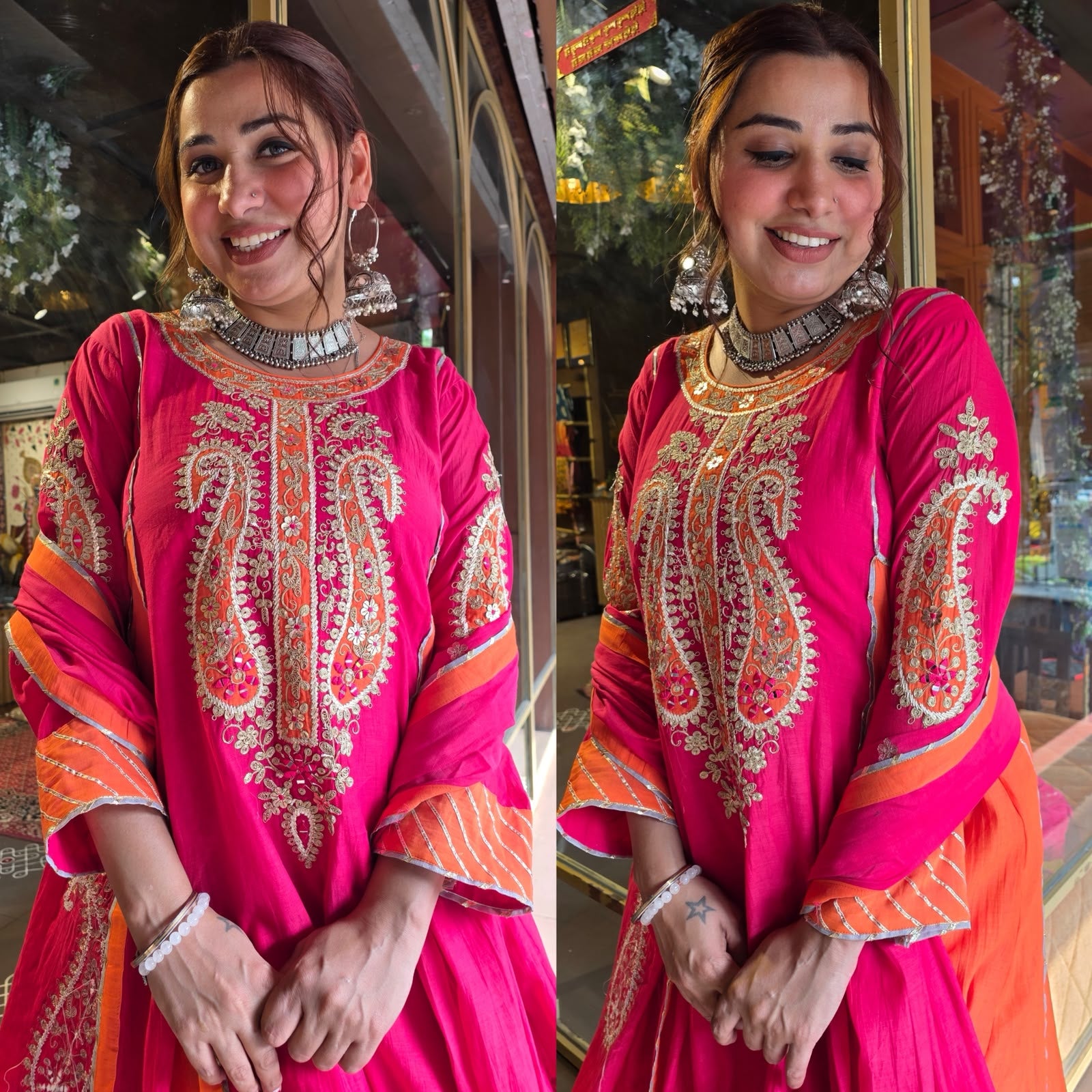 Fuchsia Pink & Orange Embroidered Mul Anarkali Set