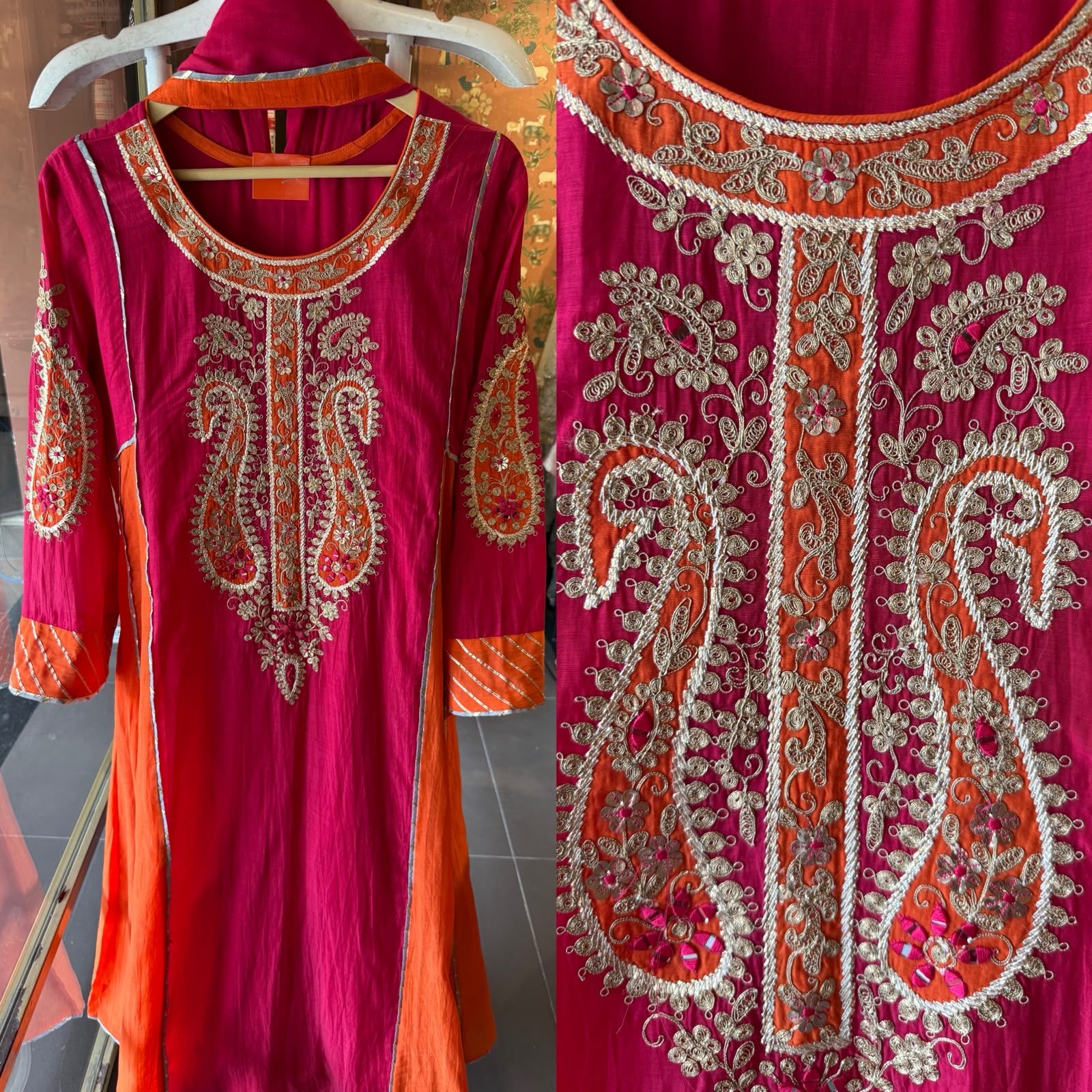 Fuchsia Pink & Orange Embroidered Mul Anarkali Set