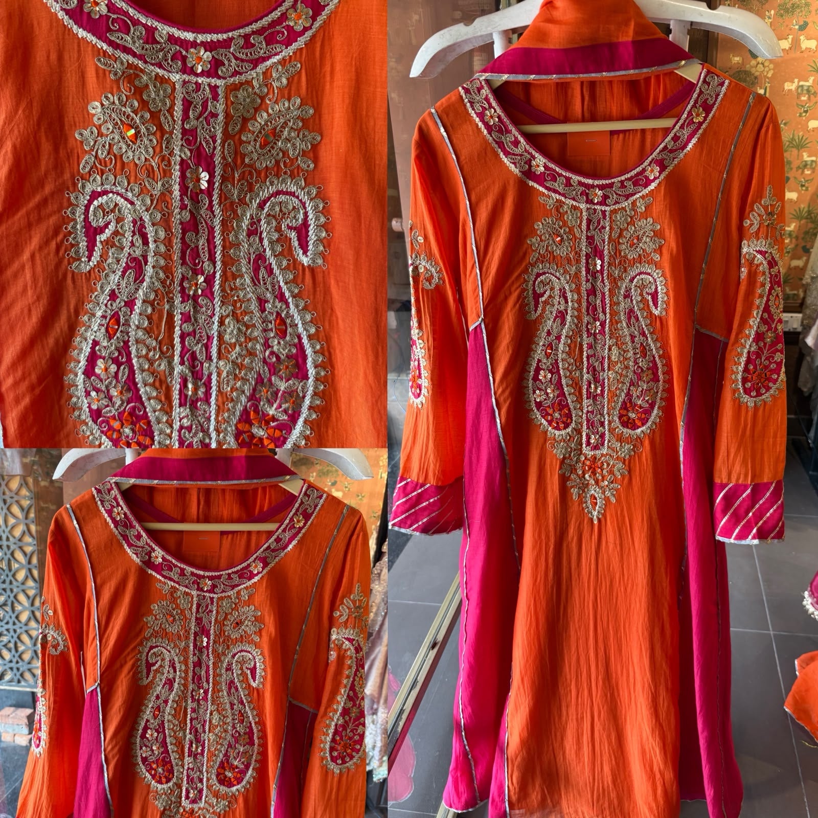 Fuchsia Orange Embroidered Mul Anarkali Set