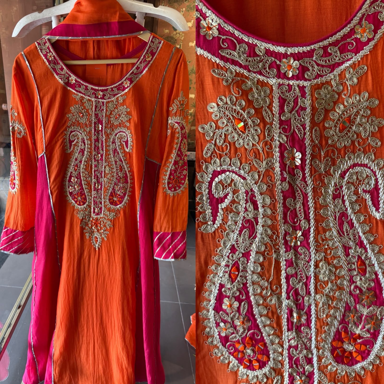 Fuchsia Orange Embroidered Mul Anarkali Set