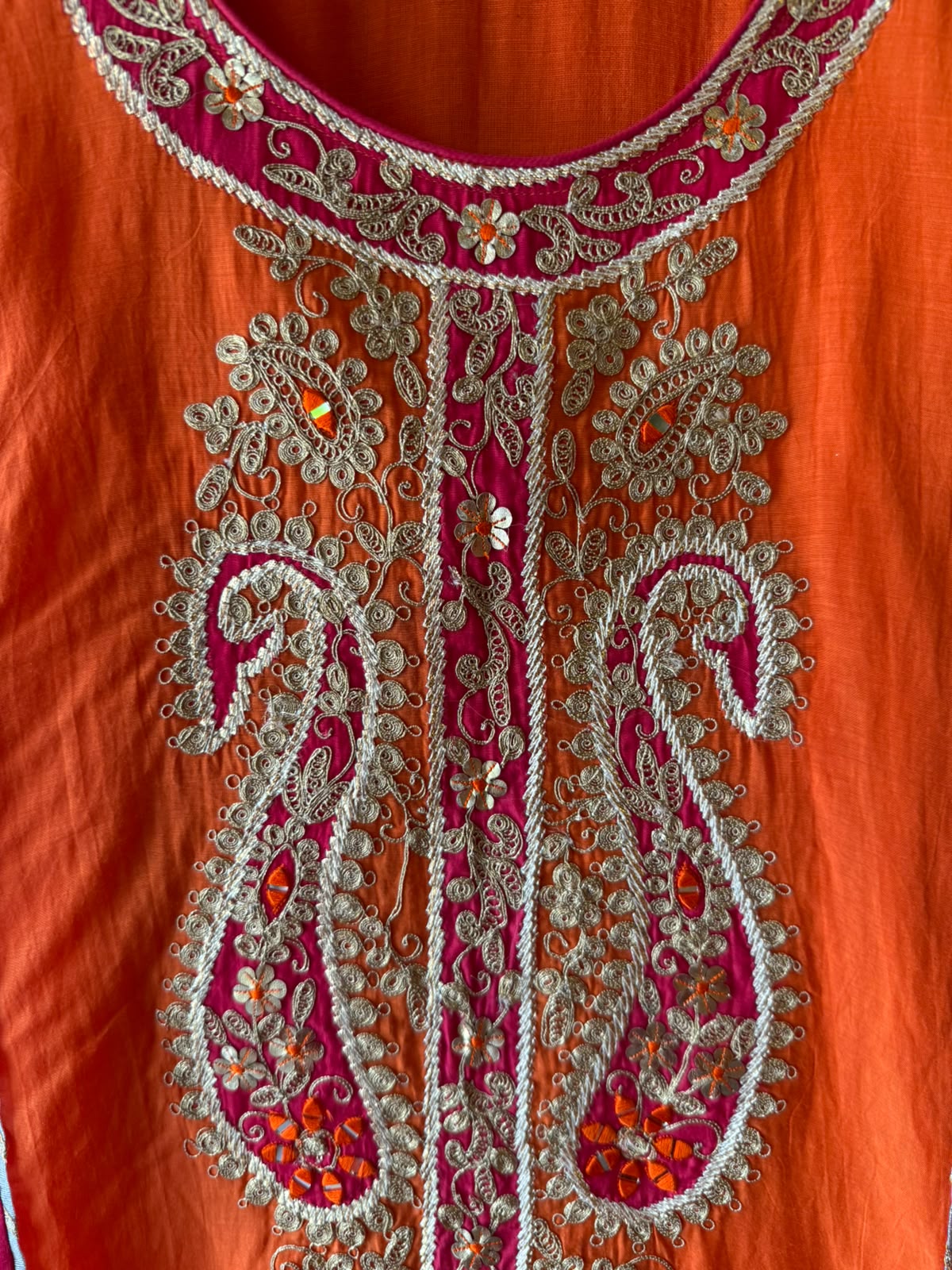 Fuchsia Orange Embroidered Mul Anarkali Set