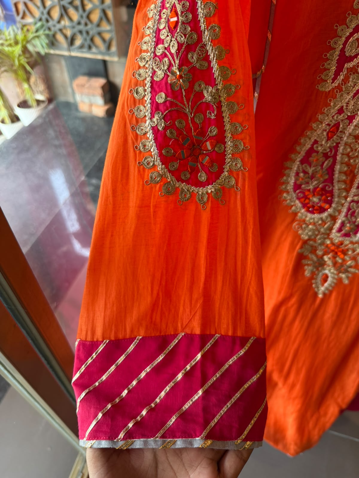 Fuchsia Orange Embroidered Mul Anarkali Set